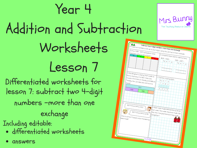 Subtract two 4-digit numbers - more than one exchange worksheets (Year 4 Addition and Subtraction)