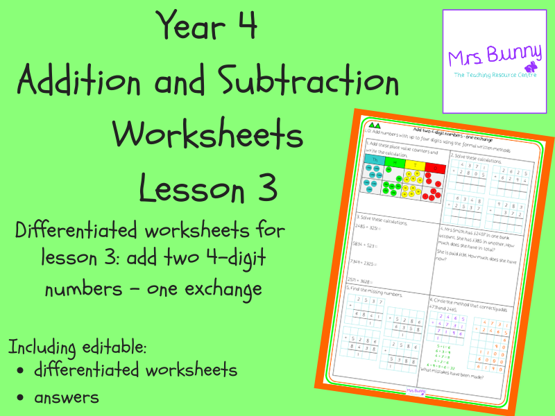 Add two 4-digit numbers - one exchange worksheets (Year 4 Addition and Subtraction)