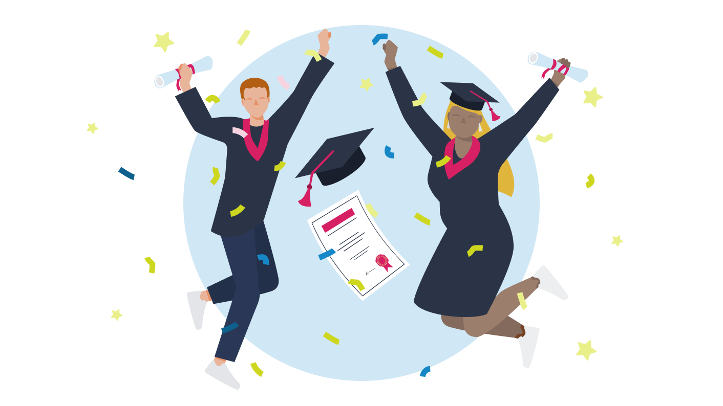 New graduates jumping for joy with their MA certificates