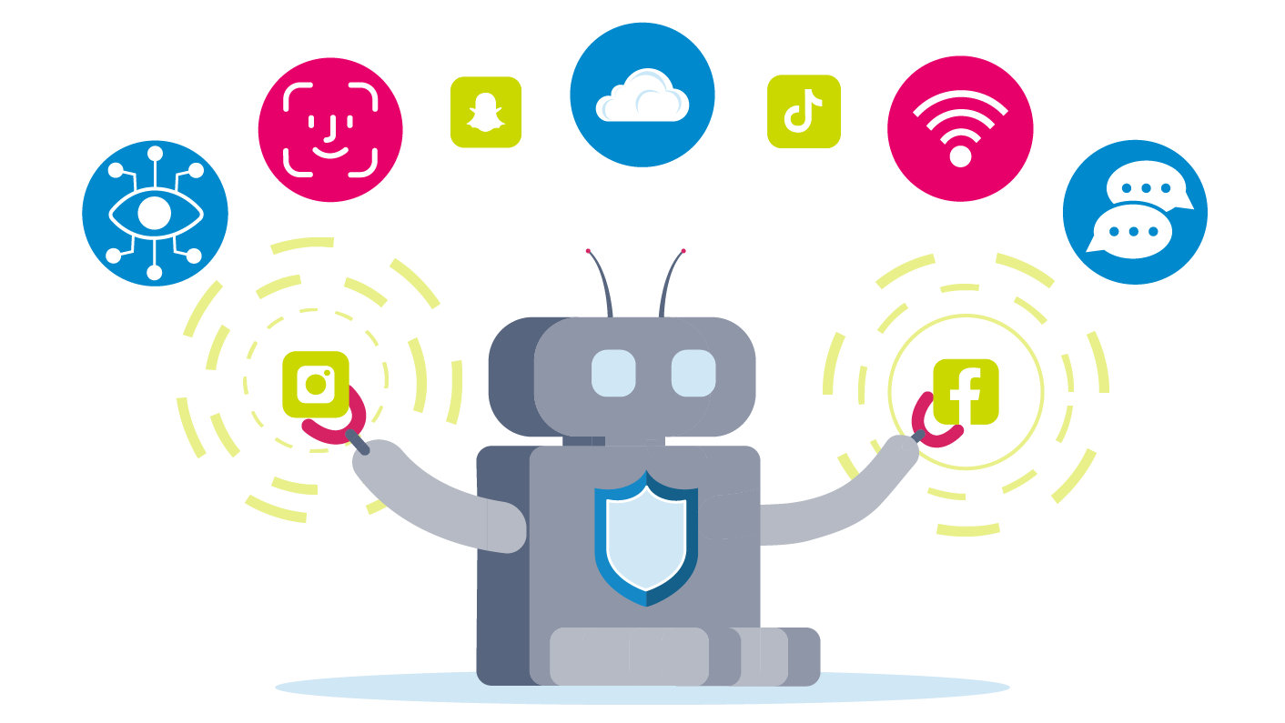 Robot surrounded by icons depicting the AI and the online world