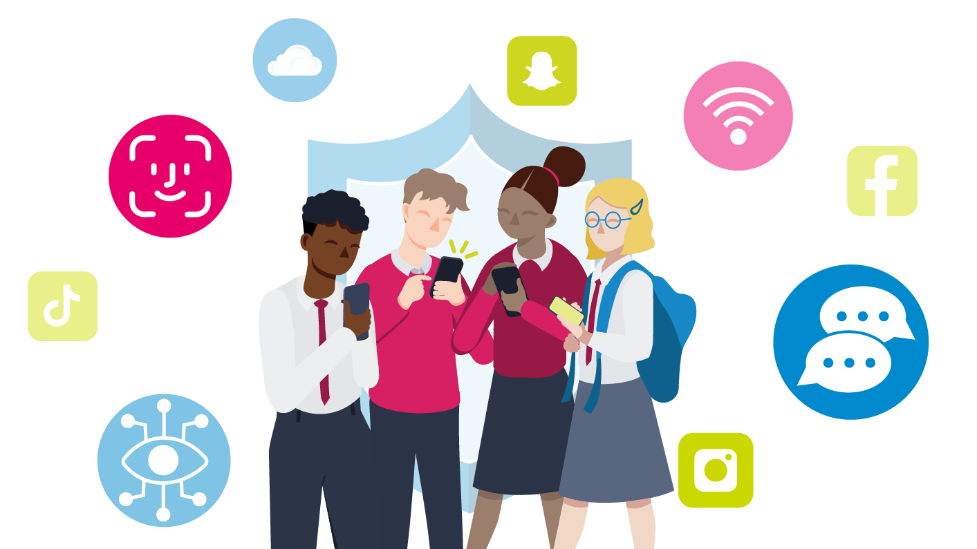 Children on mobiles surrounded by icons signifying the online world