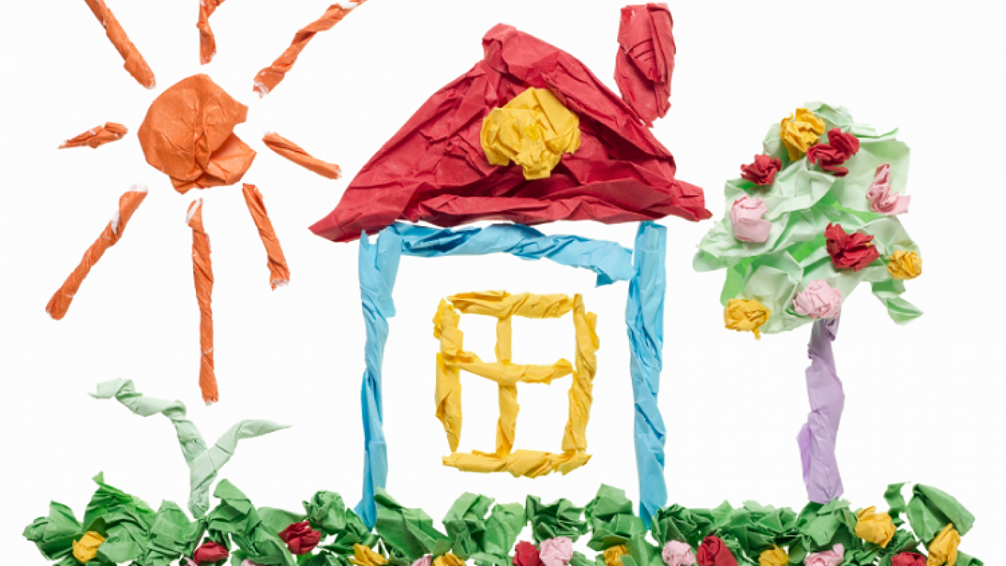 House in coloured paper art work from Art resources for EYFS and primary pupils